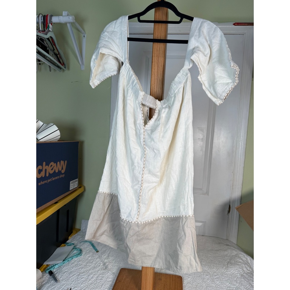 ViX Paula Hermanny Off Shoulder Linen Mini Dress Cream Tan Pom Pom Trim Medium